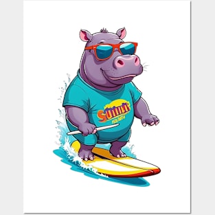 Surfing hippo Posters and Art